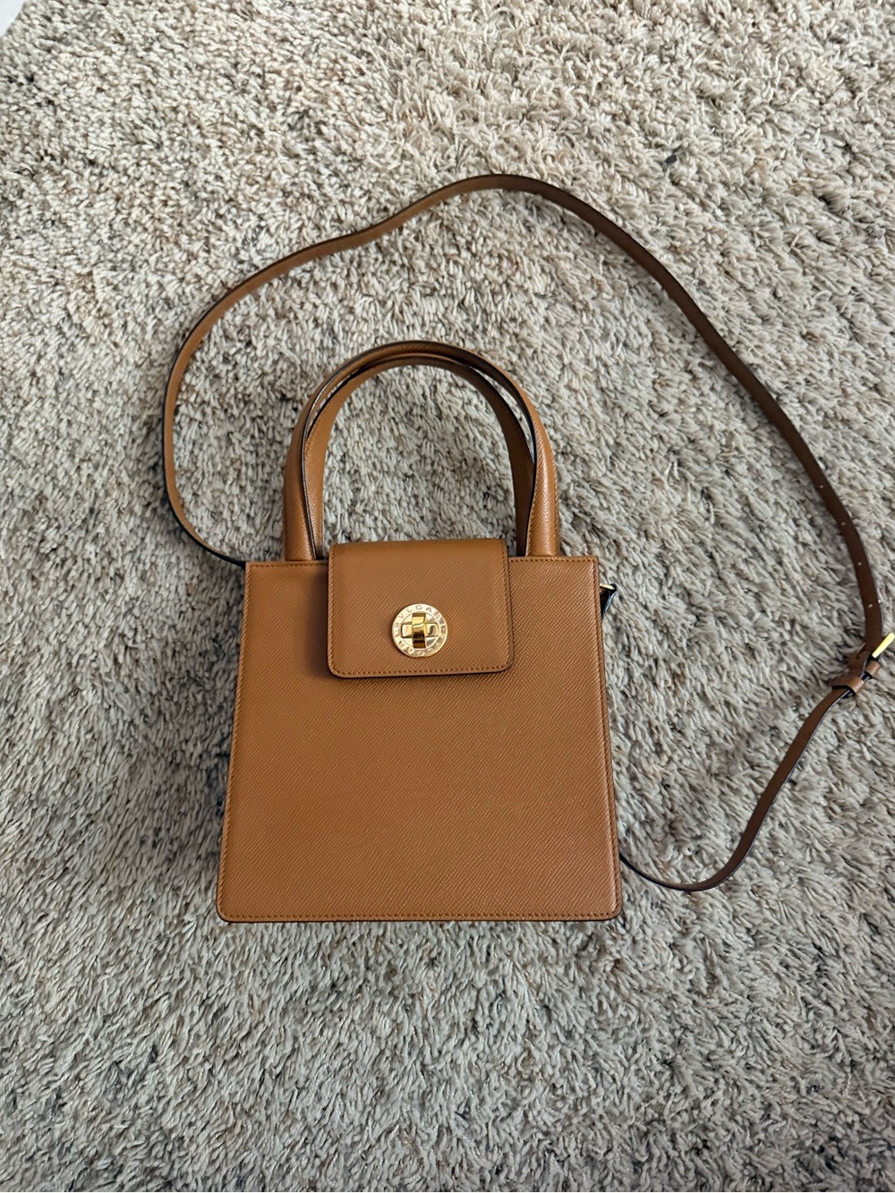 Bvlgari Tan Pebbled Leather Top-Handle Satchel with Gold Hardware